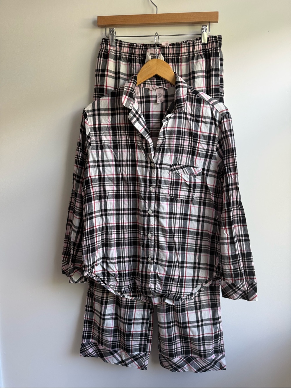 Victoria's Secret Black, White & Pink Plaid Cotton Pajama Set